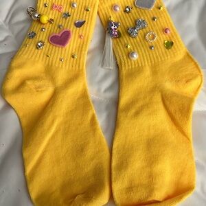 Vibrant Yellow and Pink Crew Socks with Colorful Patterns